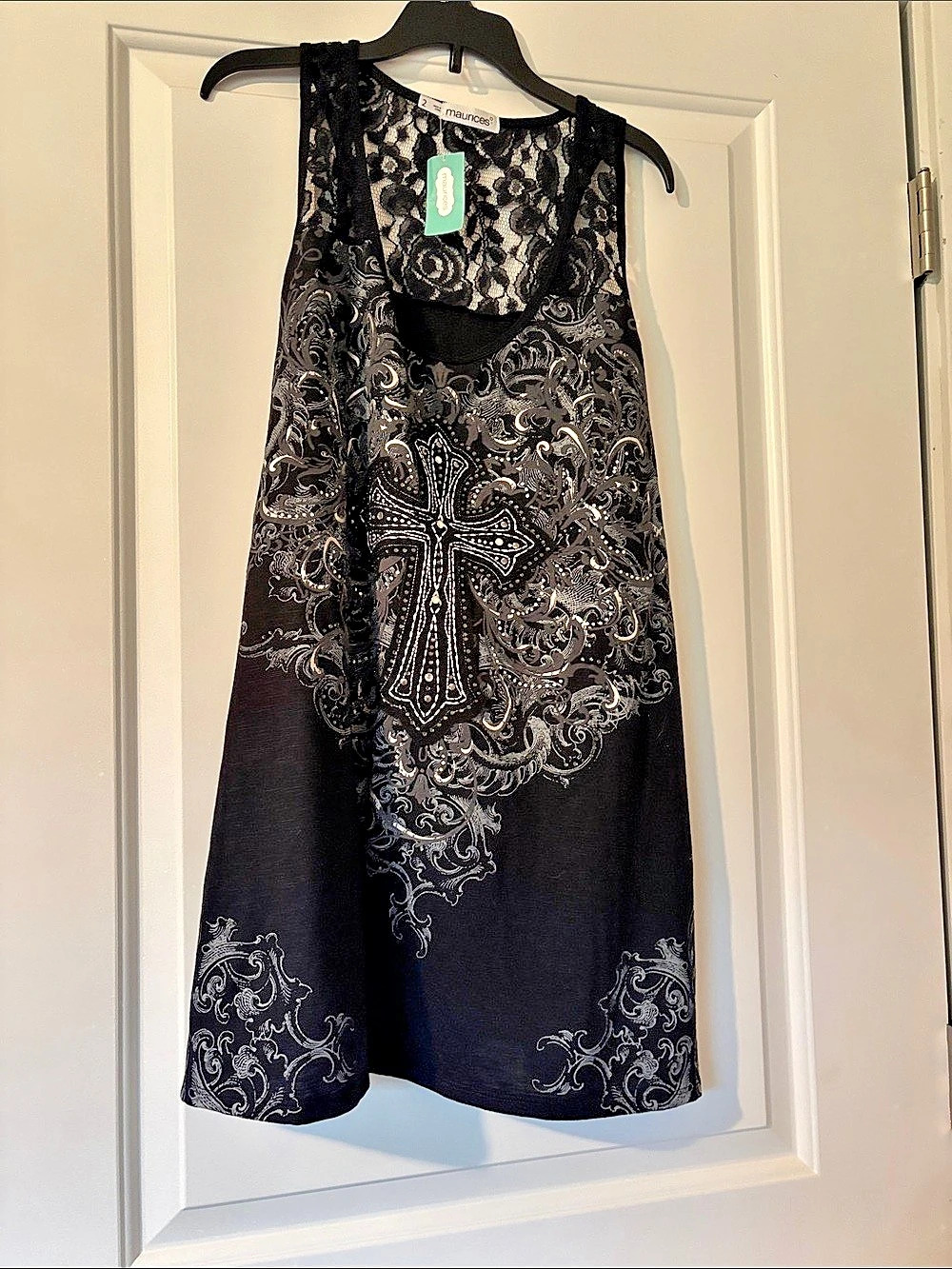 Plus size Black Paisley tank with cross